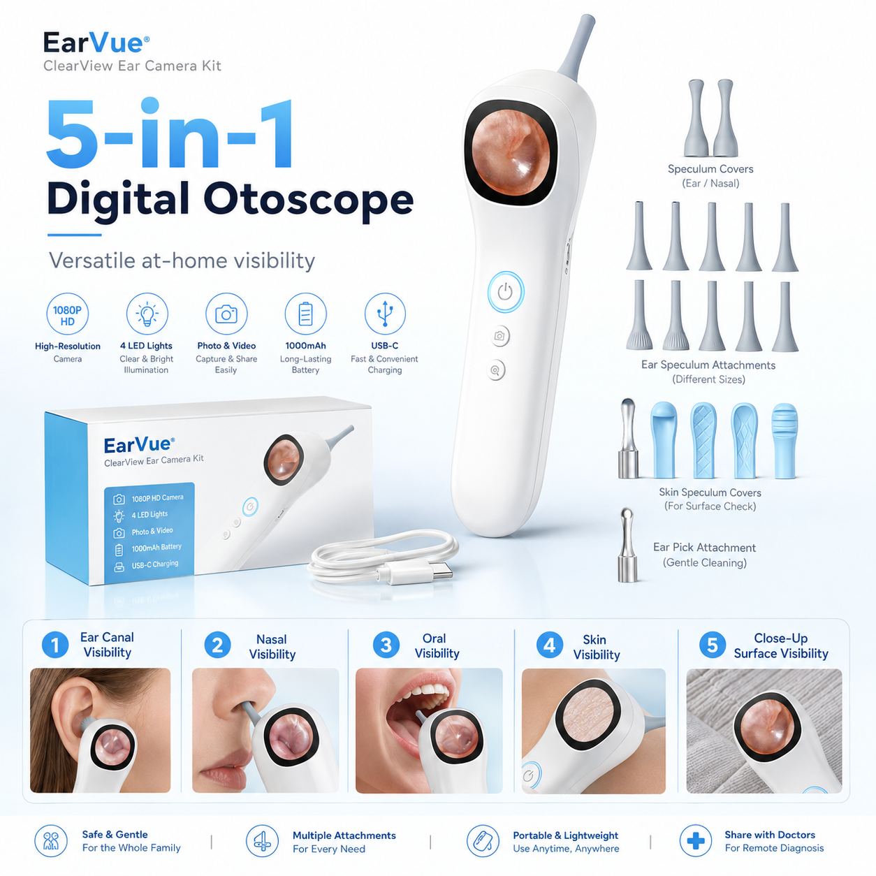 5-in-1 Digital Otoscope — Versatile At-Home Visibility